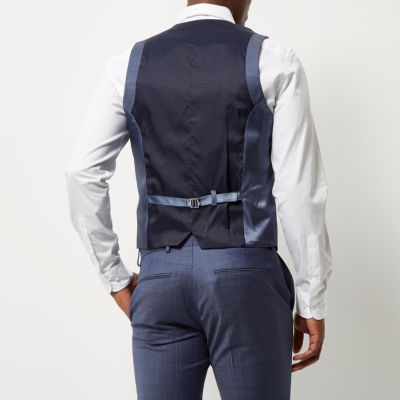 Blue subtle check wool-blend waistcoat